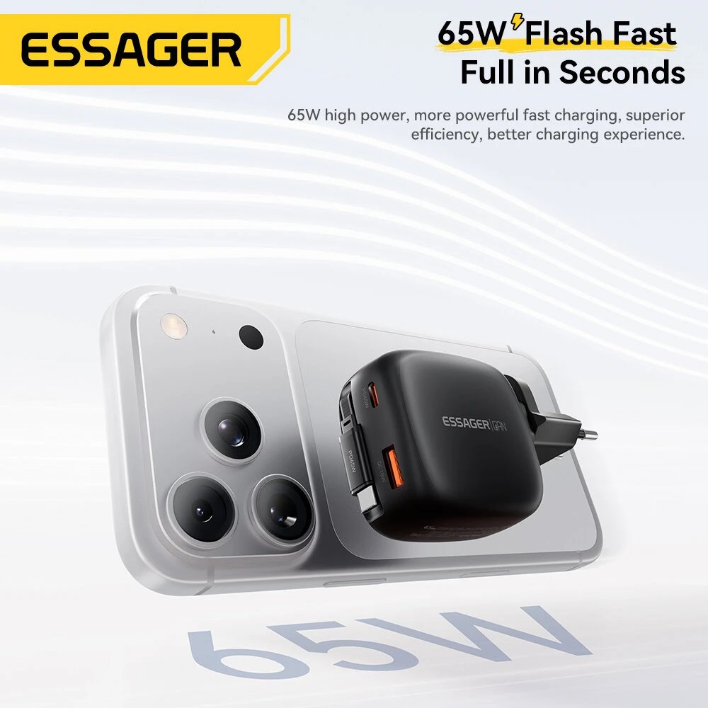 Essager ES-CD60 Chargeur Secteur GaN 65W avec Câble USB-C Rétractable - Arsenal HANTKO